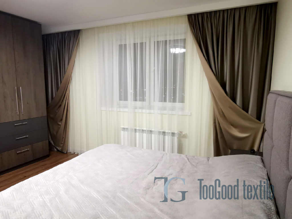 Продукция TooGood. Шторы и тюли. Двусторонние шторы из атласа с подхватами. Белый тюль из тонкой прозрачной микросетки. Где заказать красивые шторы?